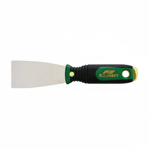 green and black handle on a stainless steel putty knife