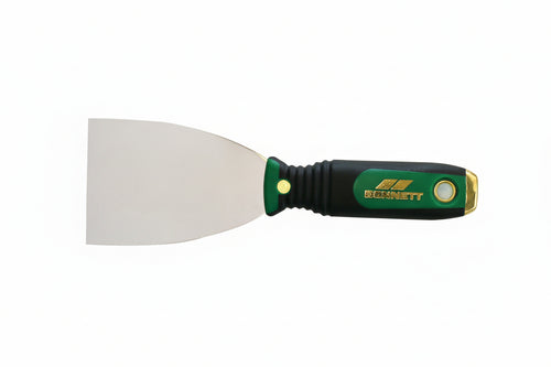 A stainless steel putty knife with a green and black handle.